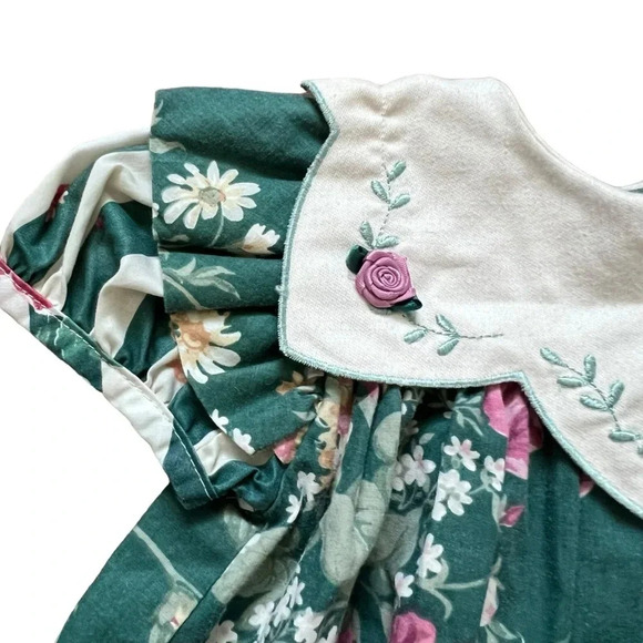 Vintage Peaches ‘n Cream Baby Dress – Forest Green Floral, Rose Bib, Size 12M - Picture 4 of 8